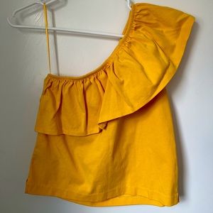 Yellow one shoulder ruffle cotton top by J. Crew. Size XS.